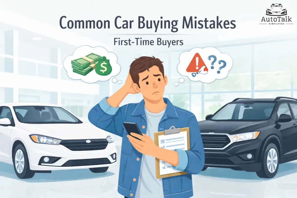 Confused first-time car buyer comparing cars in showroom, showing common car buying mistakes in decision making