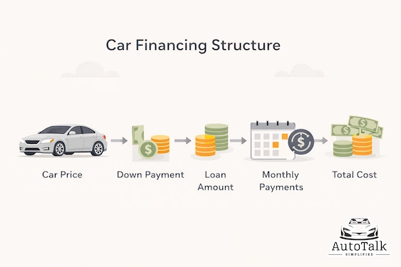Step-by-step diagram showing car financing structure from price and down payment to monthly payments and total cost