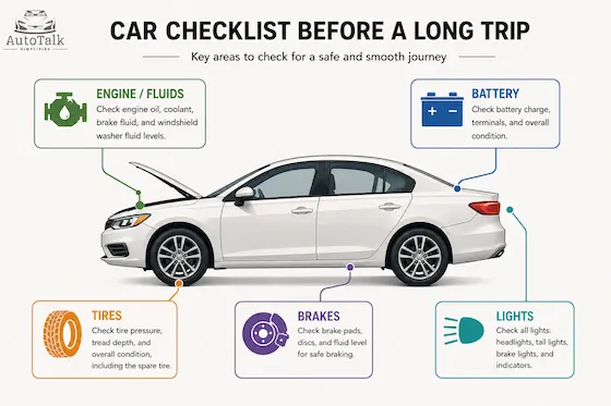Diagram showing key car parts to check before a long trip including tires, battery, fluids, brakes, and lights