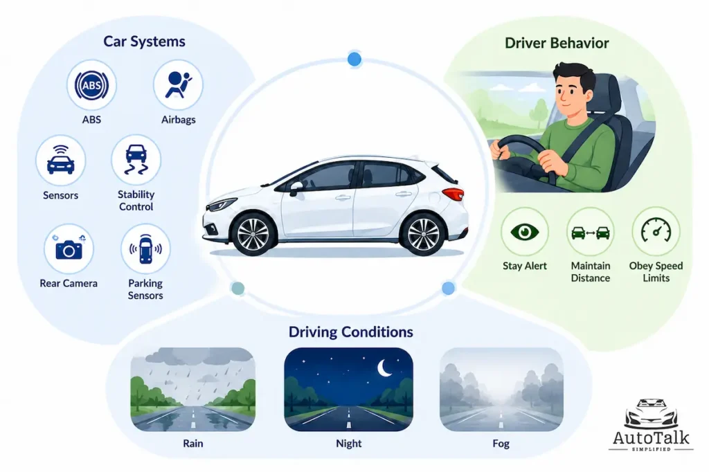Car safety basics for beginners diagram showing safety systems, driver behavior, and driving conditions