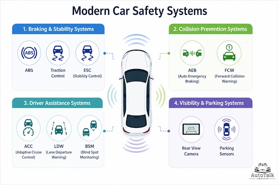 Car safety systems infographic showing braking, collision prevention, driver assistance, and parking safety features
