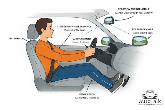 Driver adjusting seat, steering wheel, and mirrors for proper position during a car test drive evaluation
