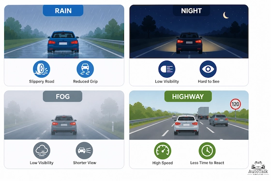 Driving conditions safety diagram showing rain, night, fog, and highway risks affecting visibility and control
