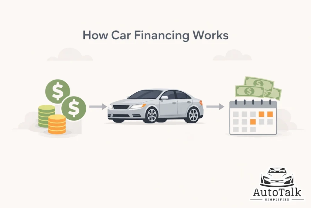 Simple visual showing how car financing works with car purchase, payment flow, and monthly installments