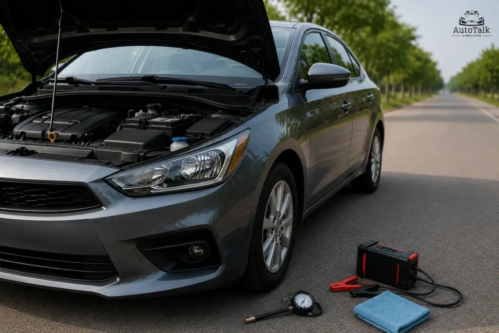 Car setup showing how to prepare your car for a long trip with hood open and essential items placed nearby