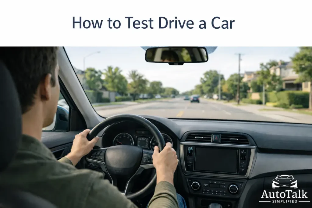 driver test driving a car, showing how to test drive a car properly by checking steering, visibility, and comfort