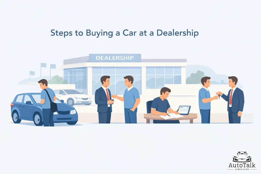 Illustration showing steps to buying a car at a dealership from vehicle selection to paperwork and final delivery