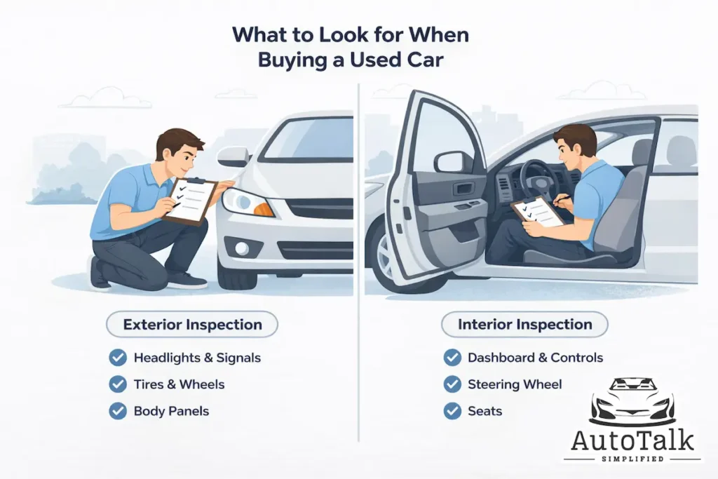 What to look for when buying a used car shown through exterior and interior inspection with checklist