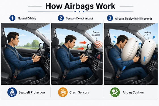 How airbags work during a crash showing sensor detection and airbag deployment inside a car