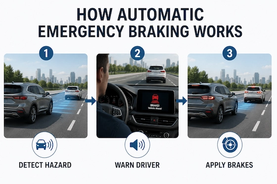 Diagram showing how automatic emergency braking detects hazards, warns drivers, and applies brakes automatically