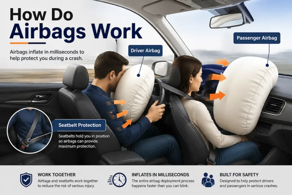 How do airbags work illustration showing deployed driver and passenger airbags inside a car