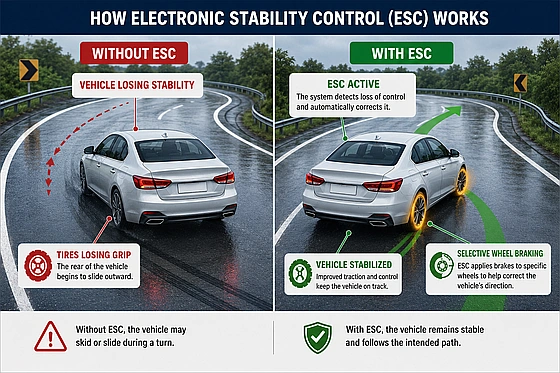 Diagram showing how electronic stability control helps stabilize a car during skidding on wet roads.