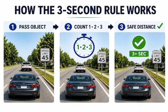 Diagram showing how drivers use the 3-second rule to maintain a safe following distance behind another vehicle