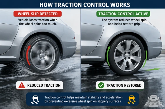 How traction control works diagram showing wheel slip detection and restored traction on slippery roads