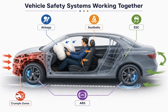 Vehicle safety systems working together showing airbags, seatbelts, ABS, ESC, and crumple zones