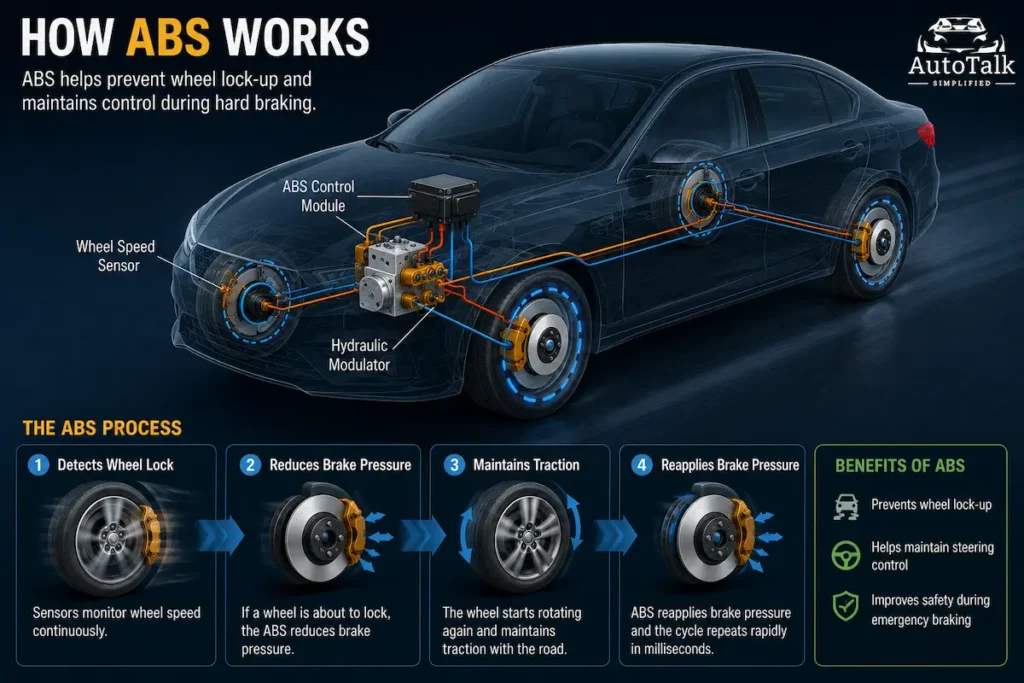 What is ABS in a car explained through a visual diagram of the anti-lock braking system