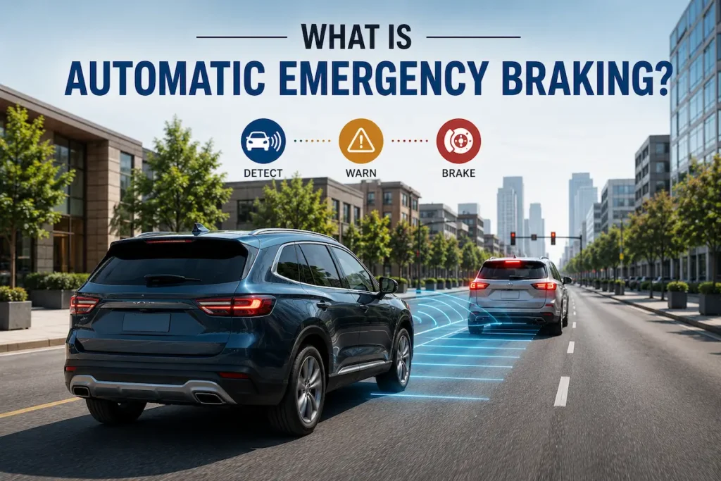 Illustration explaining what is automatic emergency braking with a car automatically braking after detecting a slowing vehicle ahead, warning the driver, and applying the brakes to help reduce collision risk.