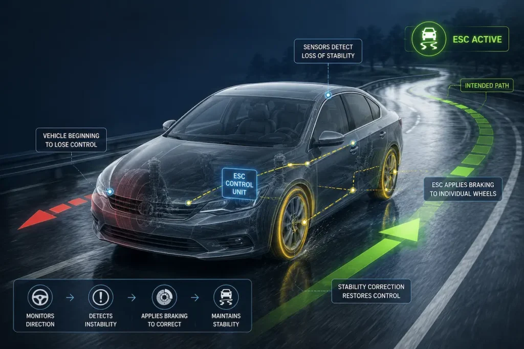 What is electronic stability control diagram showing how ESC helps stabilize a car during slippery road conditions.