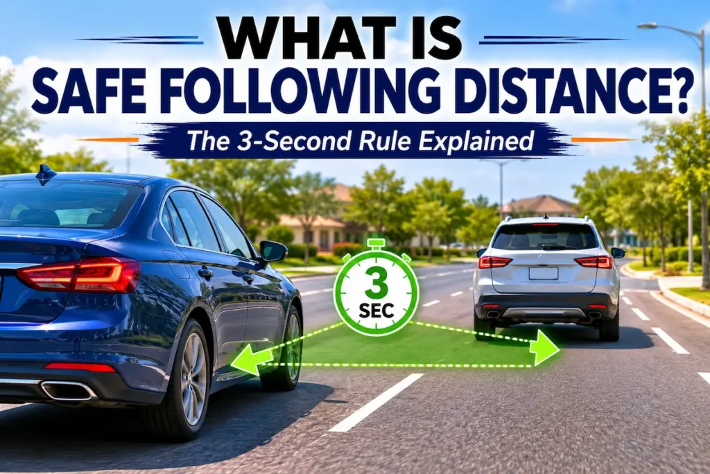 Vehicle maintaining a safe following distance behind another car using the recommended 3-second rule