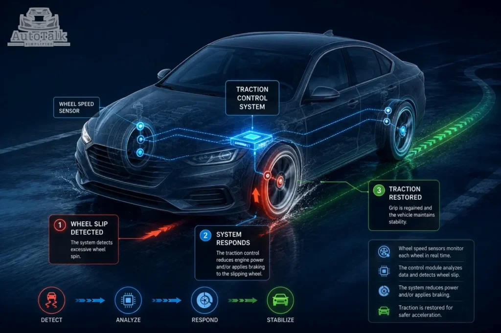 What is traction control in a car diagram showing wheel slip detection and traction restoration system