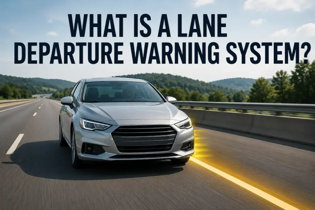 Lane departure warning system detecting a vehicle drifting toward a lane marking on a highway.