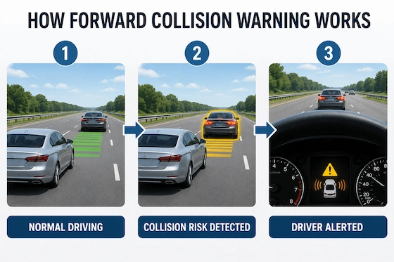 Forward collision warning infographic showing normal driving, collision risk detection, and driver alert activation.