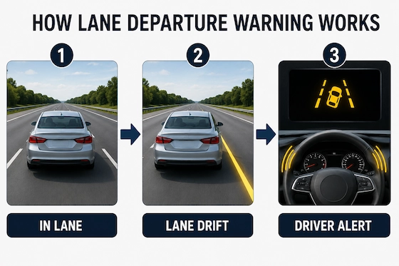Lane departure warning system infographic showing lane drift detection and driver alerts.