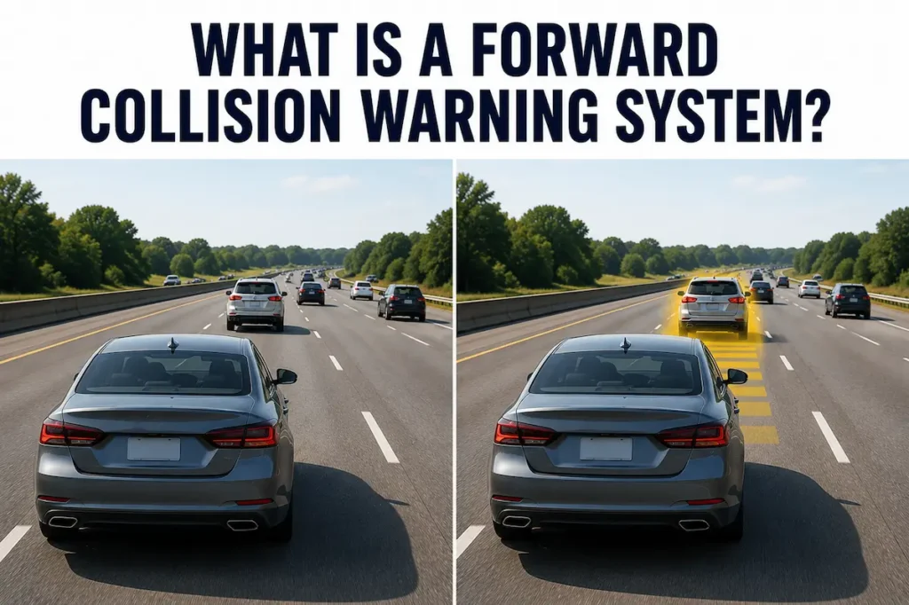 Forward collision warning system illustration showing a vehicle approaching slower traffic and receiving an early collision-risk warning.